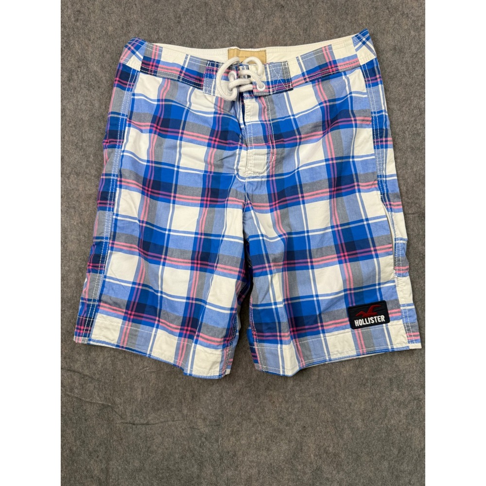 Hollister Mens Blue Pink Plaid Board Shorts Swim Trunks Size M Mesh Lined Pocket
